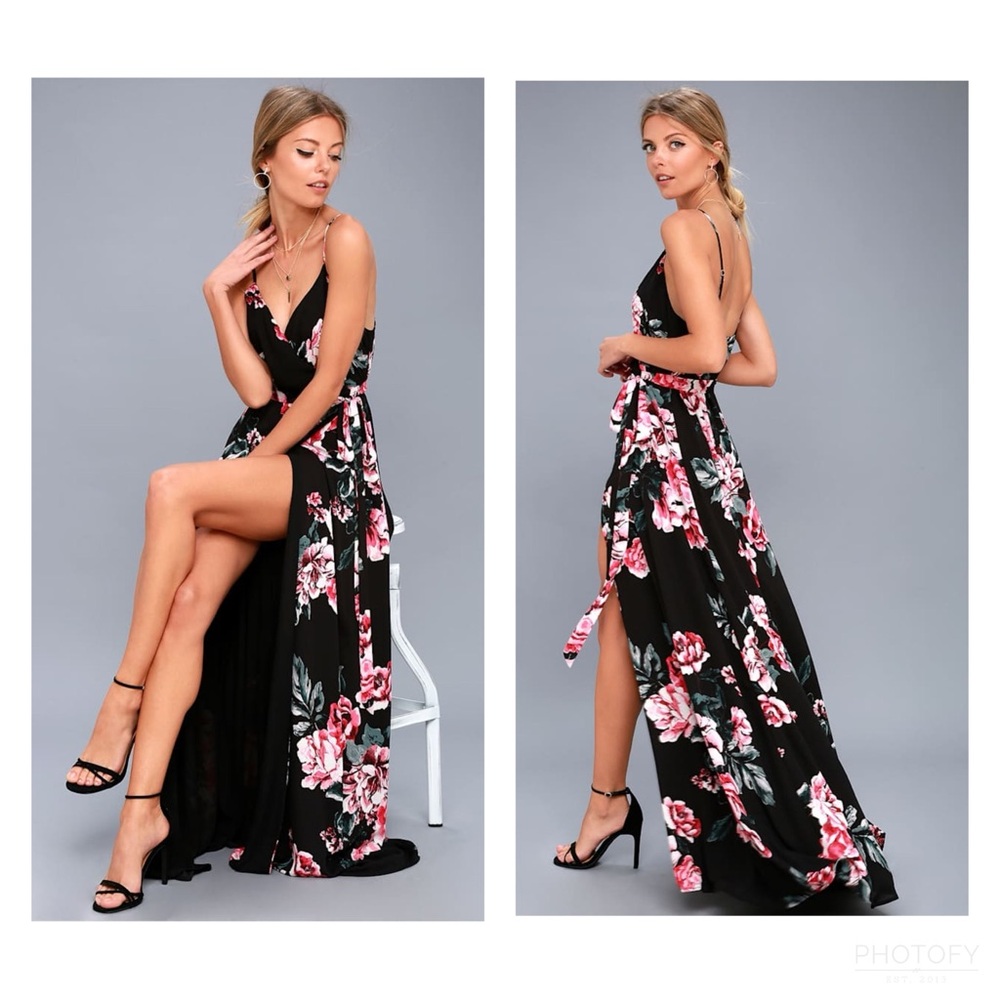 Lulu's Black Maxi Dress with Pink Floral Print